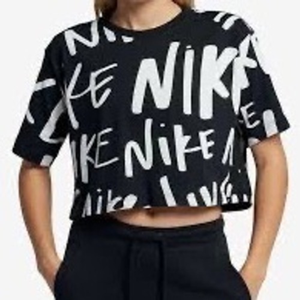 Nike Sportswear Womens All Over Script Logo Print Cropped T-Shirt Black Large